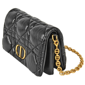 Christian Dior Dior Caro Macrocannage Chain Shoulder Wallet Leather Black