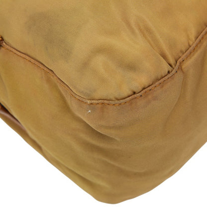 Prada Triangle Logo Plate Handbag Beige Brown Nylon Leather