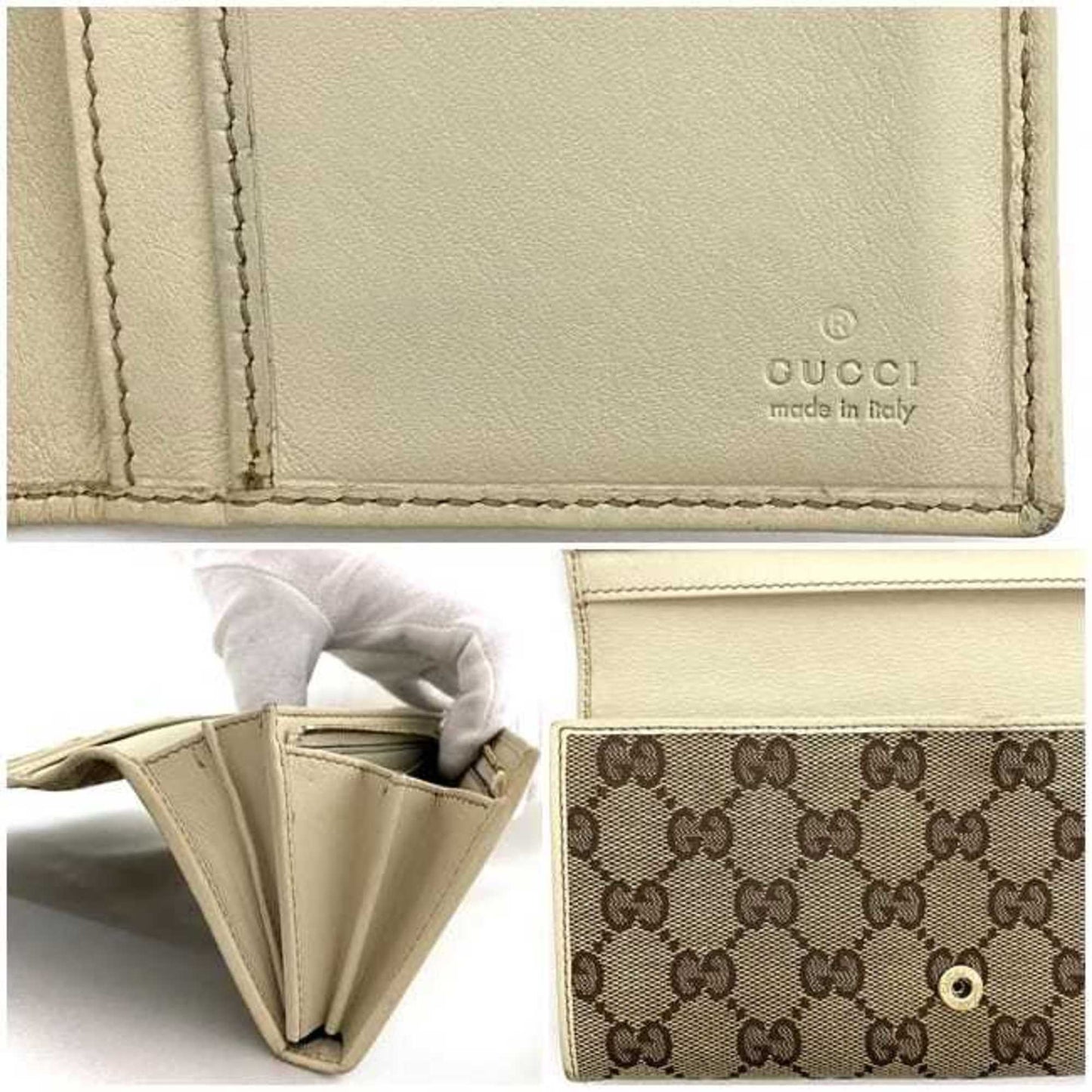 Gucci Bifold Long Wallet Beige White Brown Gold New Bullitt 204836 Gg Canvas Leather Gucci