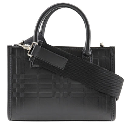 Burberry Embossed Check Handbag Shoulder Calf Black 2Way