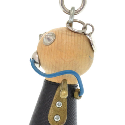 Prada Robot Leather Wood Metal Black Keychain 1707 Prada