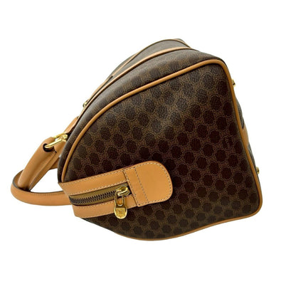 Nearly Unused Celine Macadam Pattern Triomphe Logo Leather Handbag/Mini Boston Bag In Brown