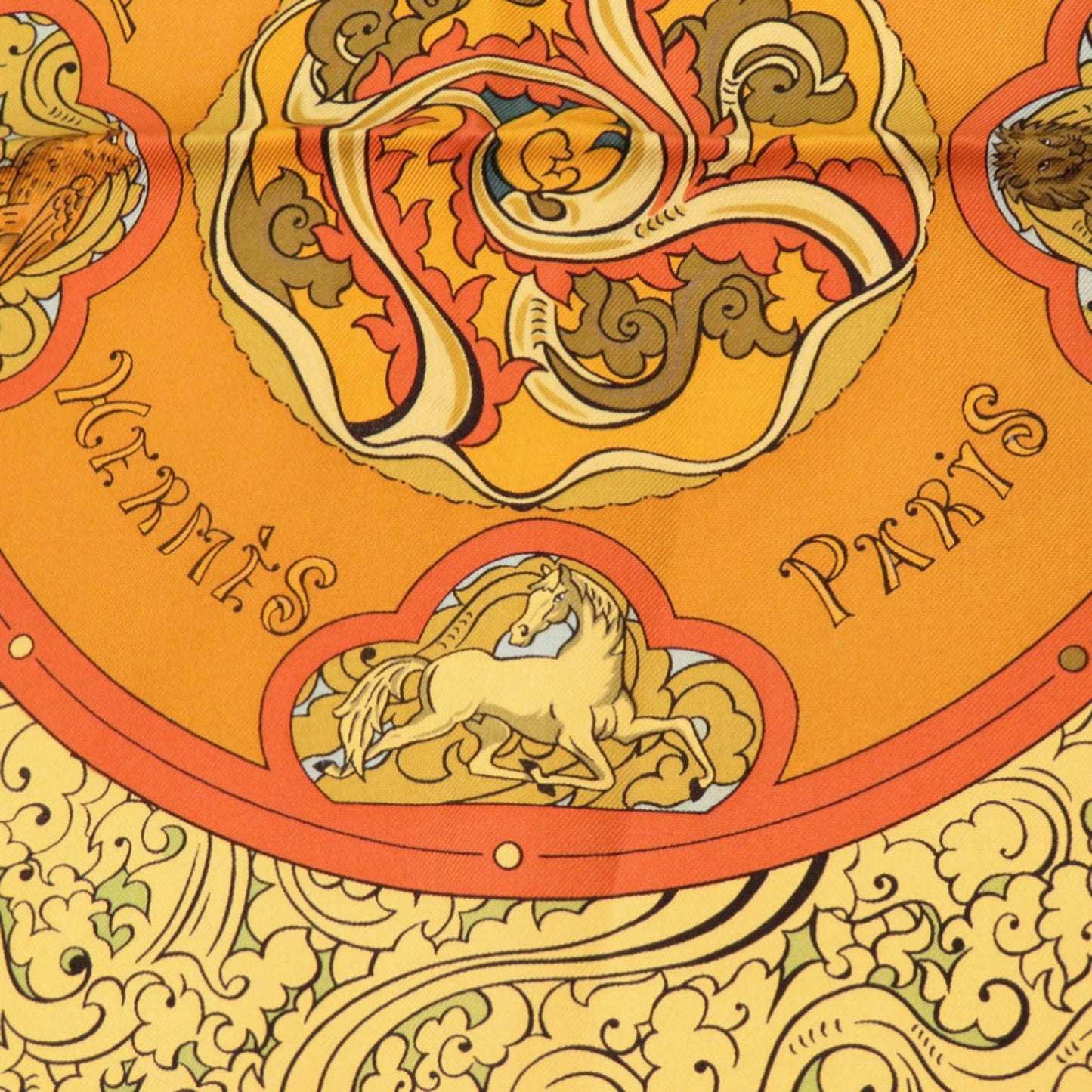 Herms Carr 90 "Animaux Solaires" Sun Animals Silk Orange Scarf Muffler 0097 Hermes