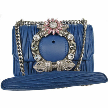 Miu Miu Miu Shoulder Bag Leather Rhinestone Blue Silver
