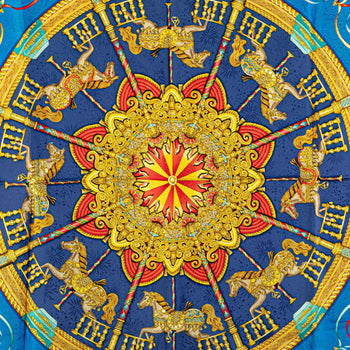 Hermes Carre 90 Luna Park Amusement Park Scarf Muffler Blue Gold Multicolor Silk
