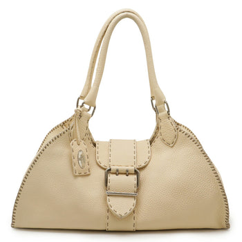 Fendi Selleria Shoulder Bag Tote Leather Cream Beige 8Br487