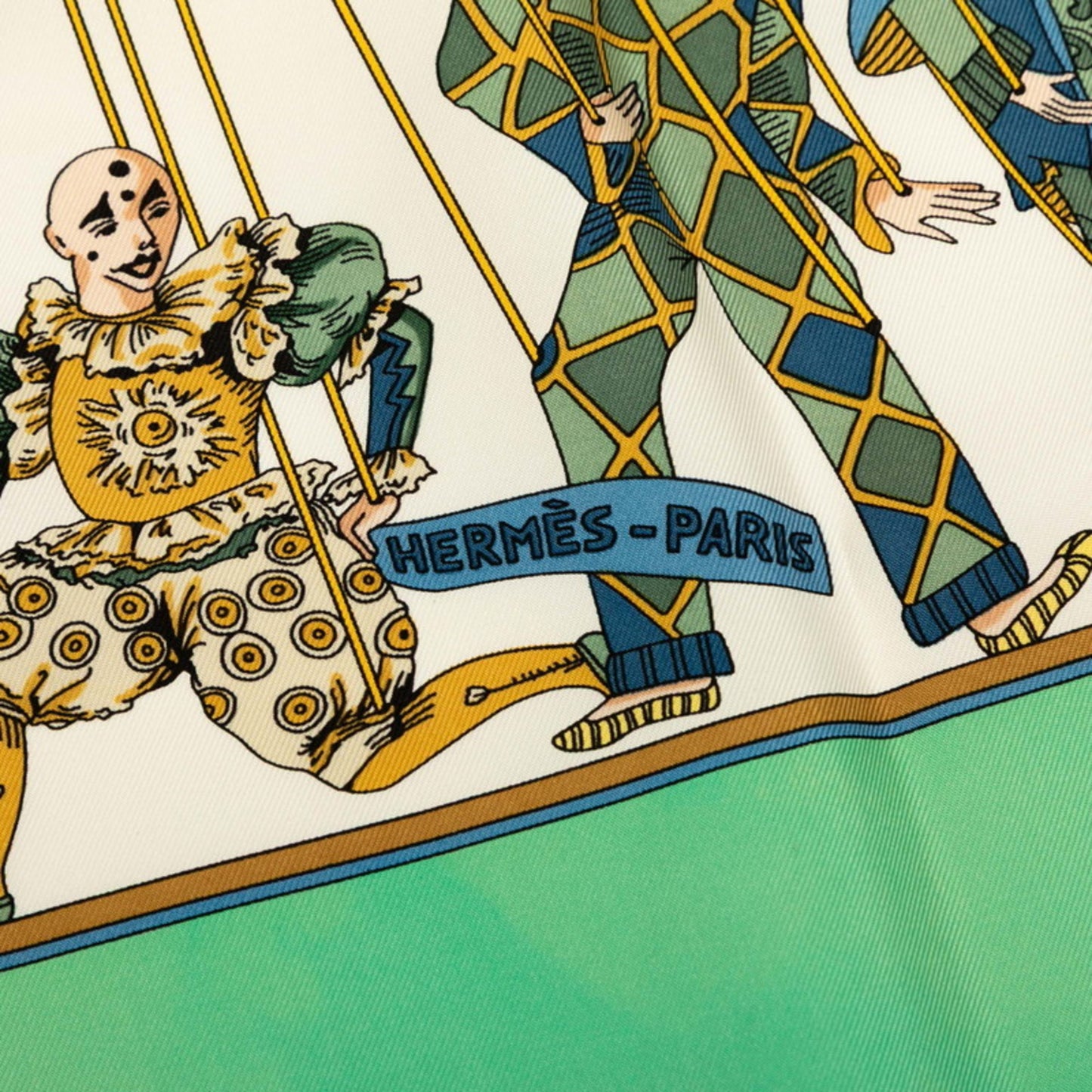 Hermes Herms Carr 90 "Le Temps Des Marionnettes" Marionette Time Scarf/Muffler In Green