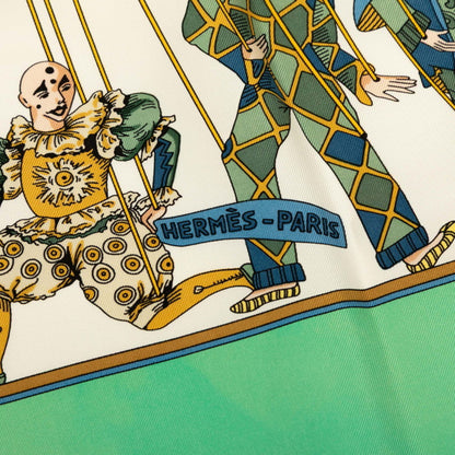 Hermes Herms Carr 90 "Le Temps Des Marionnettes" Marionette Time Scarf/Muffler In Green