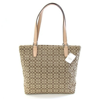 Coach Mini Signature Stripe File Tote Bag F27008 Khaki Beige Canvas Leather Shoulder