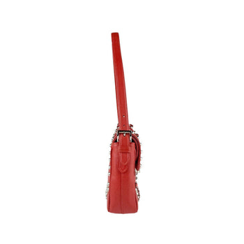 Prada Shoulder Bag Leather Metal Red Silver