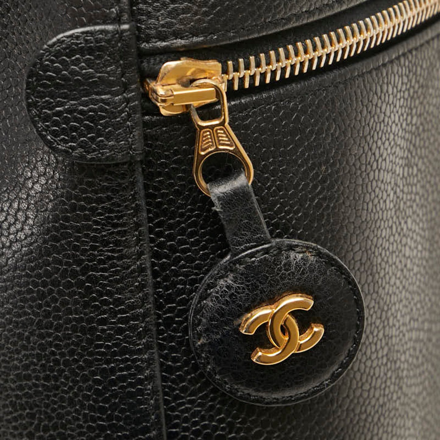 Chanel Coco Mark Handbag Vanity Bag Black Gold Caviar Skin