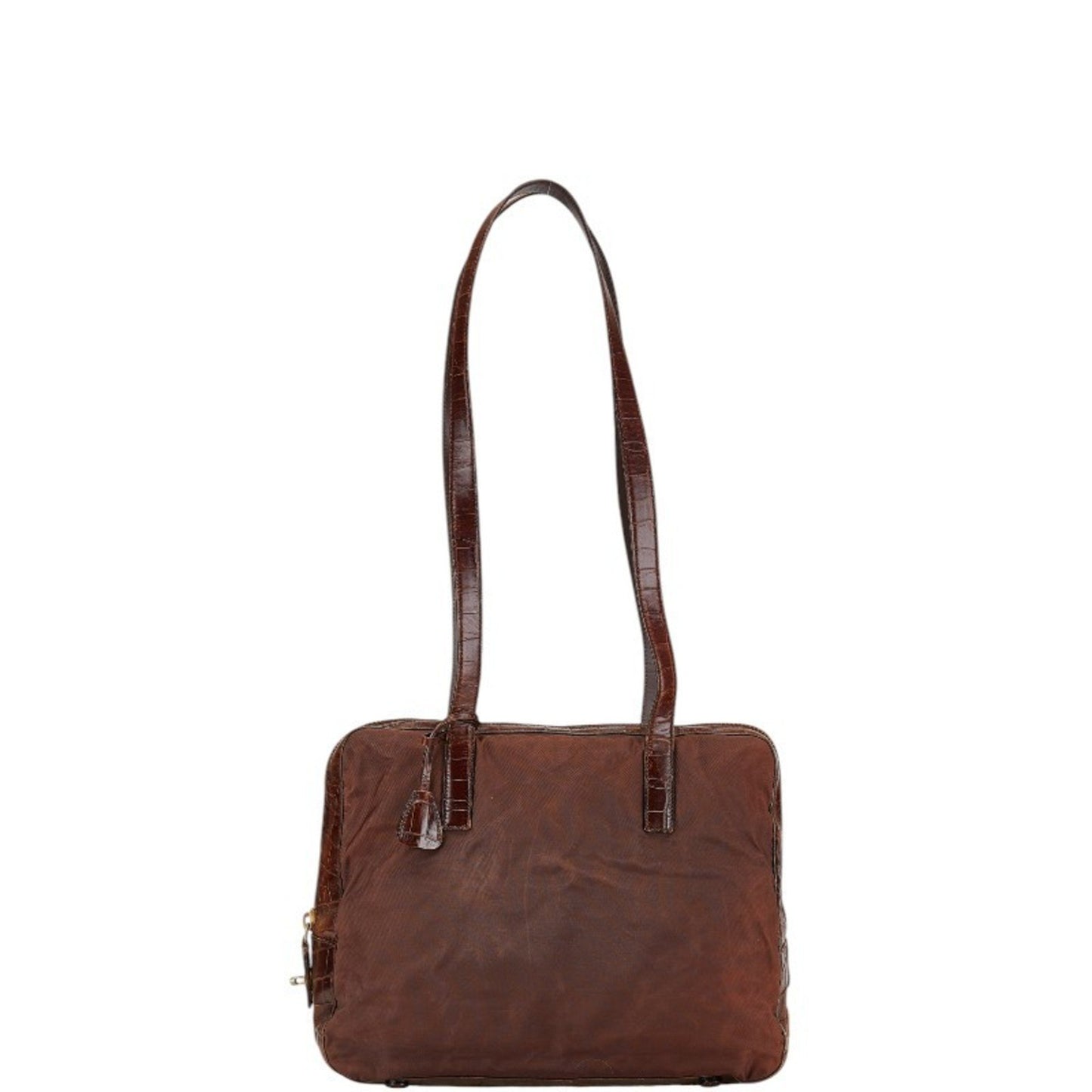 Prada Triangle Logo Plate Handbag Shoulder Bag Brown Nylon Leather