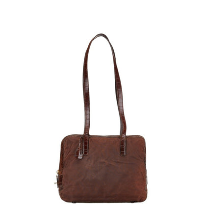 Prada Triangle Logo Plate Handbag Shoulder Bag Brown Nylon Leather