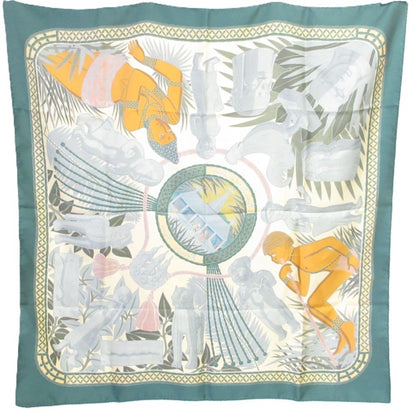 Hermes Carr 90 "Treasure Of The Royal Family Benin" Large Silk Scarf/Muffler Green