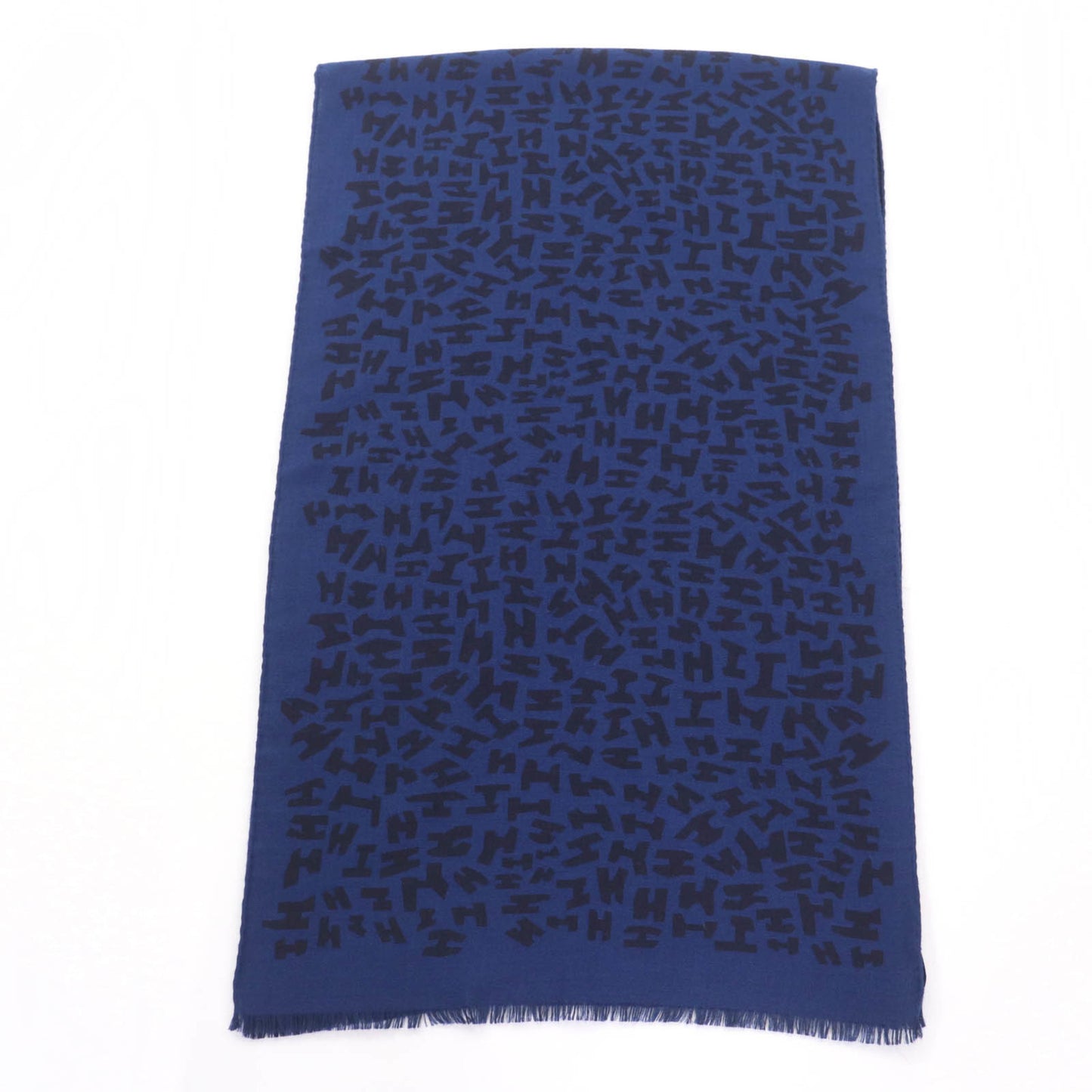 Hermes Cashmere And Silk Blend H Logo All-Over Print Mini Fringe Stole/Scarf/Shawl In Navy Black