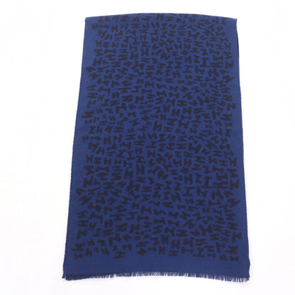 Hermes Cashmere And Silk Blend H Logo All-Over Print Mini Fringe Stole/Scarf/Shawl In Navy Black