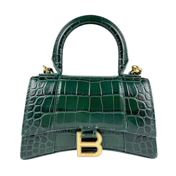 Balenciaga Handbag Shoulder Bag Hourglass Top Handle Embossed Leather Dark Green Gold