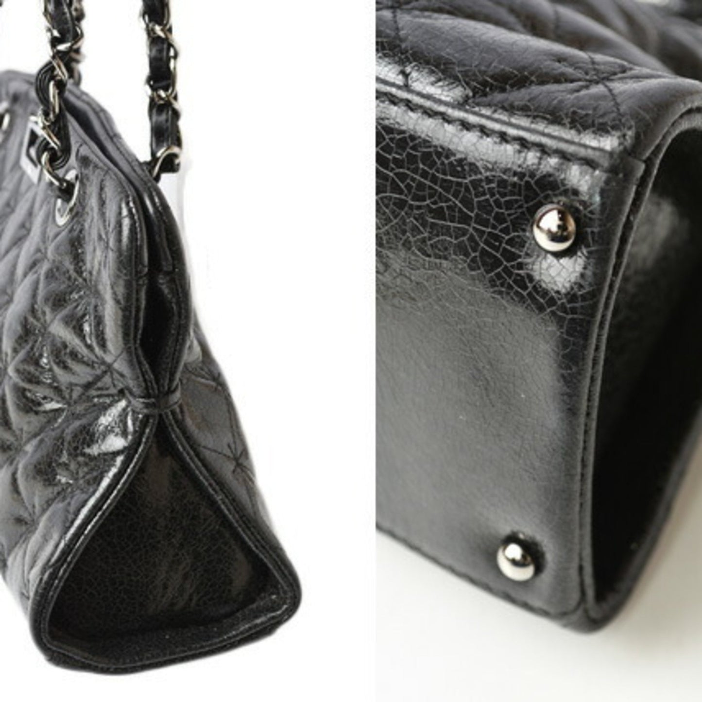 Chanel Tote Bag Chain Patent Leather Quilted Stitch Black