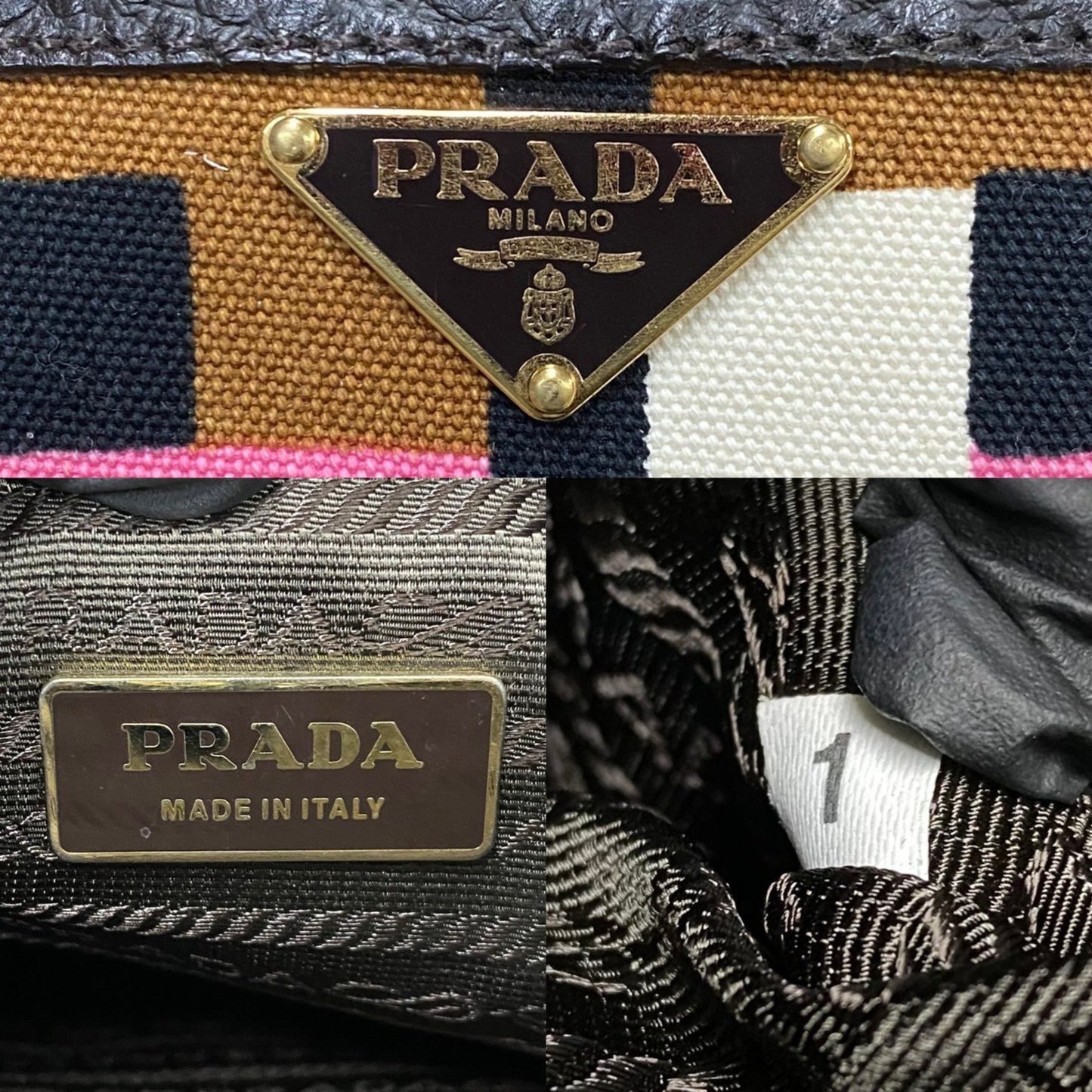 Prada Prada Triangle Logo Hardware Leather Genuine Canvas Handbag Mini Tote Bag Brown Multicolor