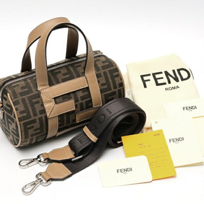 Fendi Zucca Small Boston Bag Shoulder 7Va570 Canvas Leather Brown Greige K-158807