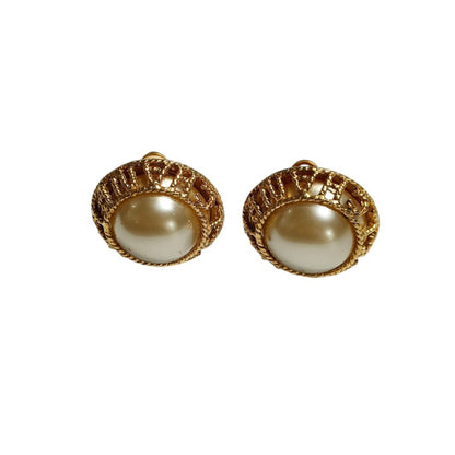 Chanel Vintage Faux Pearl Circle Clip Earrings