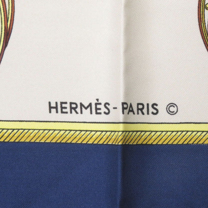 Herms Carr 90 "Les Voitures A Transformation" Folding Covered Wagon Silk Blue Scarf Muffler 0117