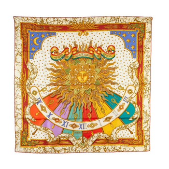Hermes Carre 90 Carpe Diem Enjoy Today Sun Moon Stars Scarf Muffler White Multicolor Silk