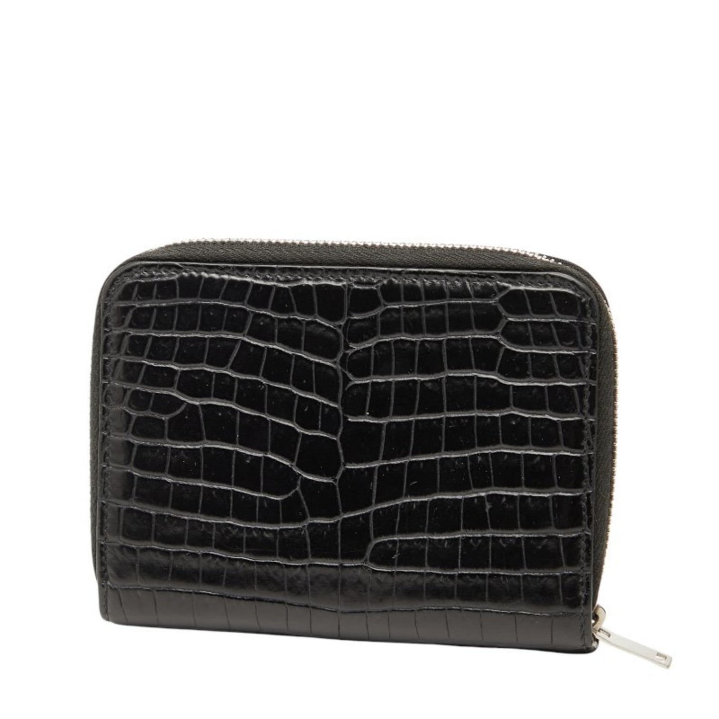 Saint Laurent Ysl Logo Crocodile Embossed Round Zipper Bifold Wallet 403964 Black Leather