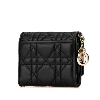 Christian Dior Dior Cannage Tri-Fold Wallet Compact Black Leather
