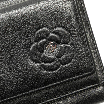 Chanel Camellia Coco Mark Tri-Fold Wallet Compact Black Lambskin