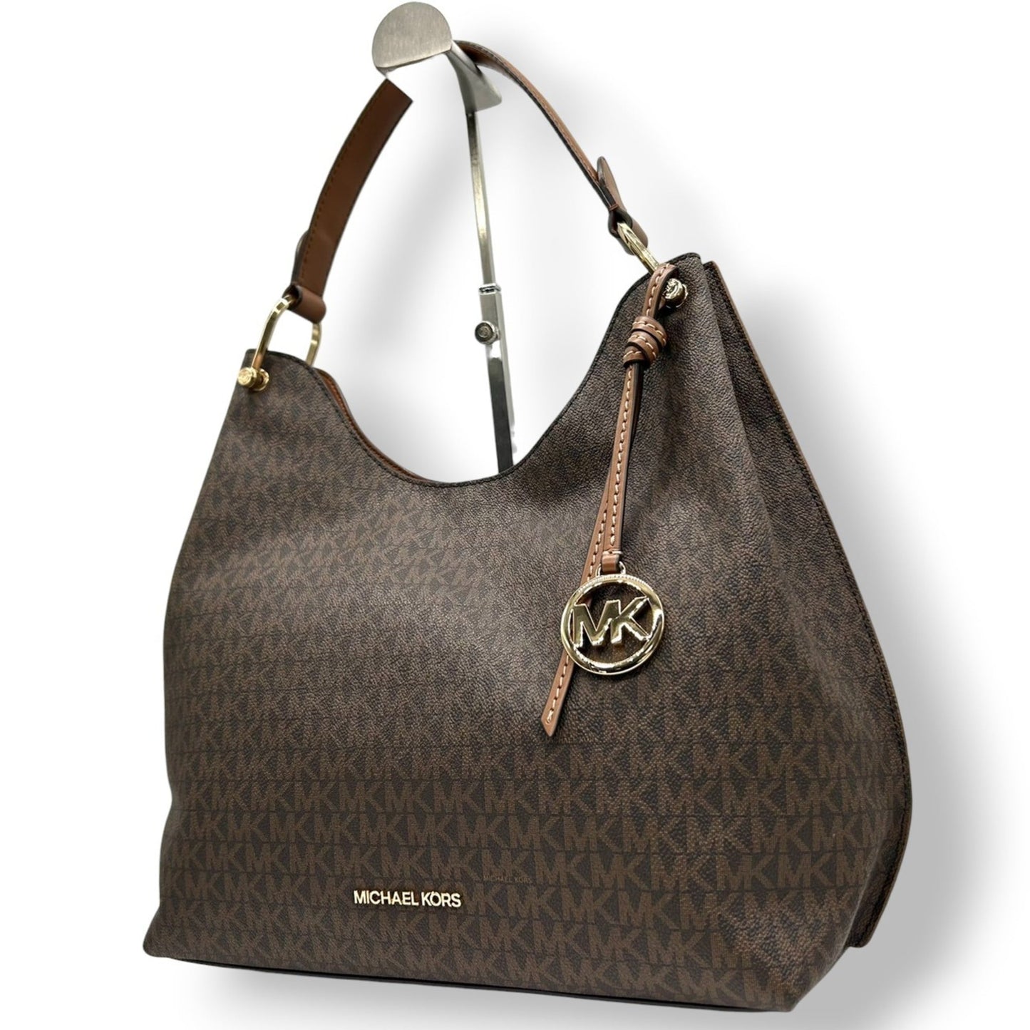 Michael Kors One-Shoulder Hobo Bag With Signature Mk Logo Charm In Brown Leather