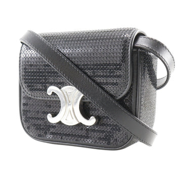 Celine Mini Triomphe Shoulder Bag Clutch Leather X Sequins Black 2Way Snap Button