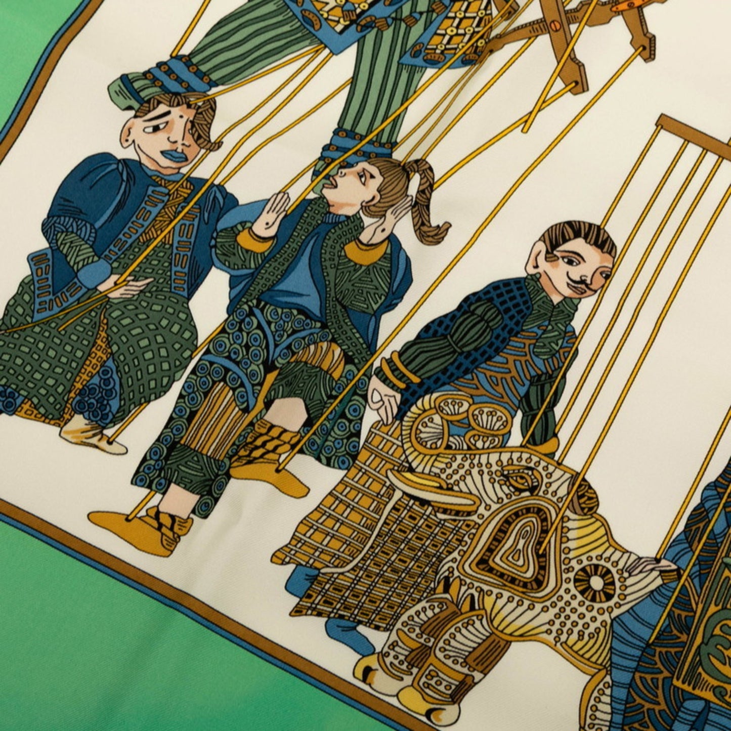 Hermes Herms Carr 90 "Le Temps Des Marionnettes" Marionette Time Scarf/Muffler In Green
