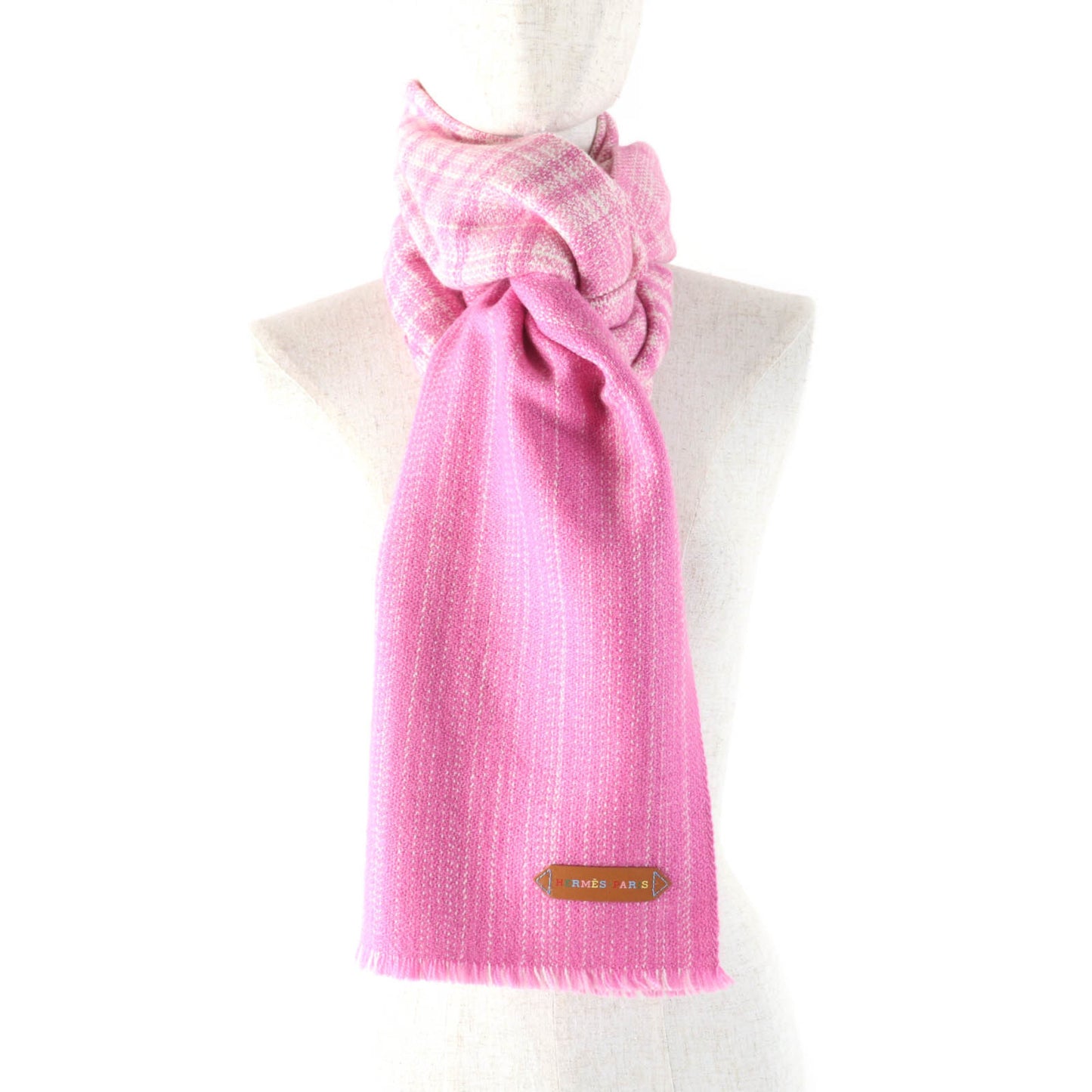 Hermes Jeu De Tissage 100% Cashmere Scarf With Leather Logo Patch And Fringe