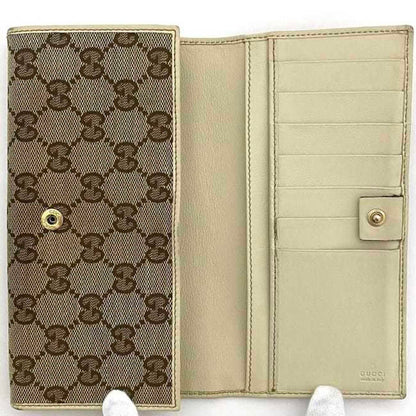 Gucci Bifold Long Wallet Beige White Brown Gold New Bullitt 204836 Gg Canvas Leather Gucci