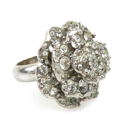 Chanel Camellia Coco Mark Metal Rhinestone Silver Ring