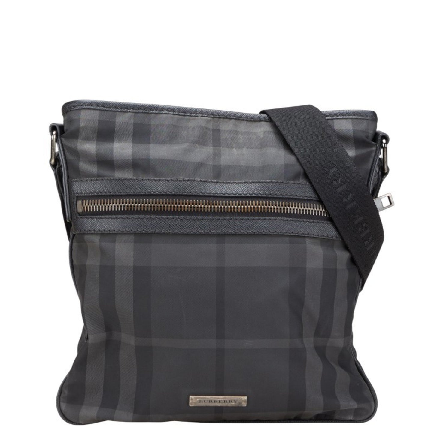 Burberry Check Logo Plate Shoulder Bag Black Nylon Leather