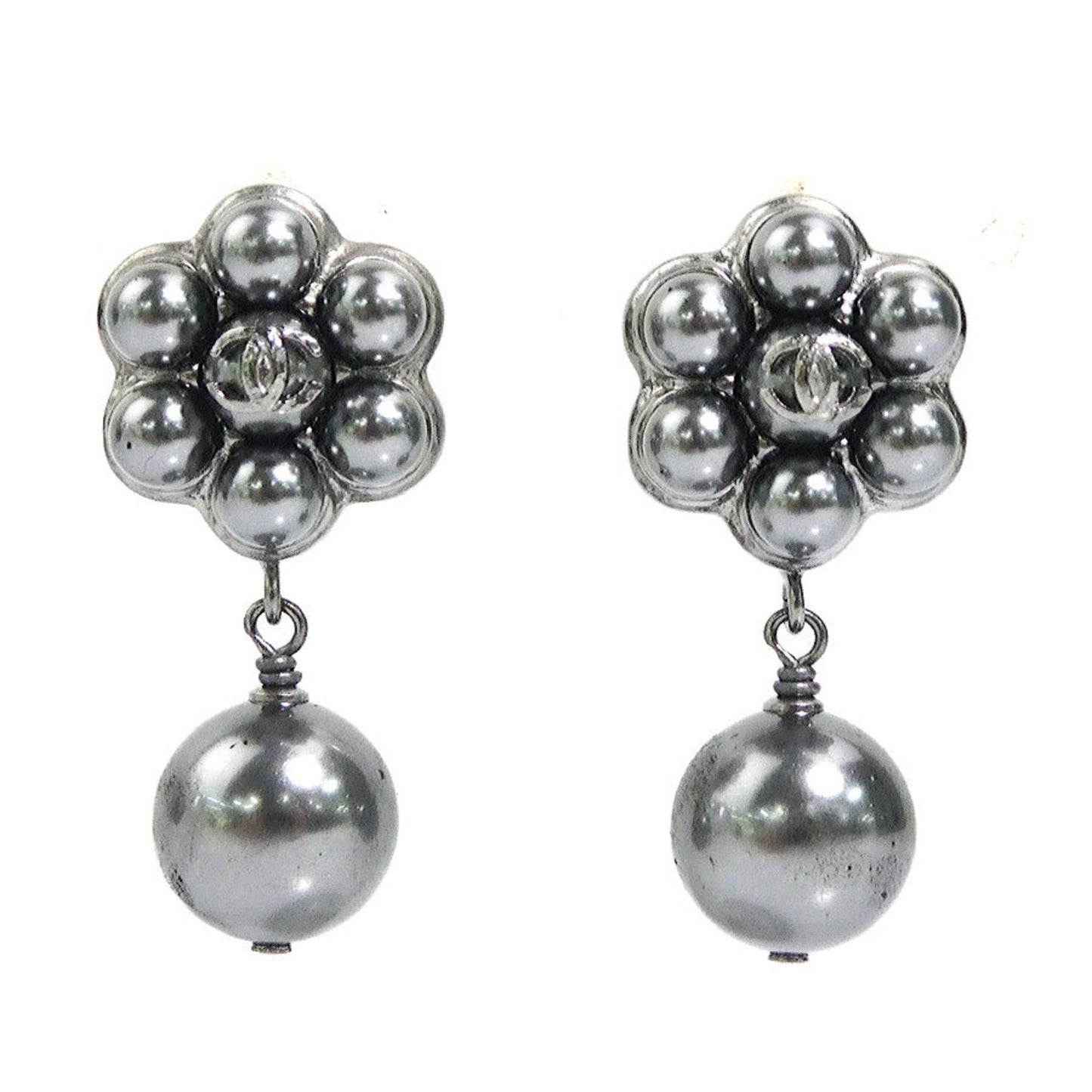 Chanel Coco Mark Metal Faux Pearl Grey Silver Earrings