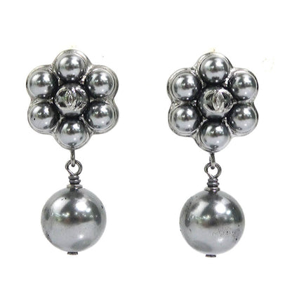 Chanel Coco Mark Metal Faux Pearl Grey Silver Earrings