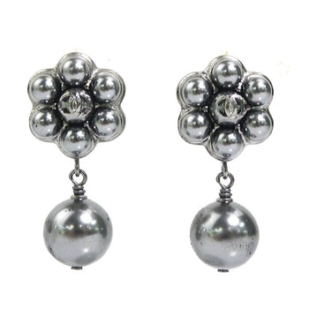 Chanel Coco Mark Metal Faux Pearl Grey Silver Earrings