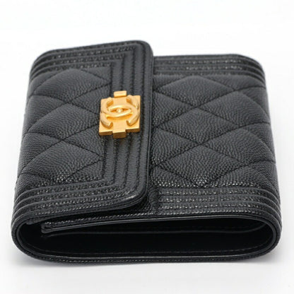 Chanel Boy Chanel Tri-Fold Wallet Compact A80743 Caviar Skin Black S-157867