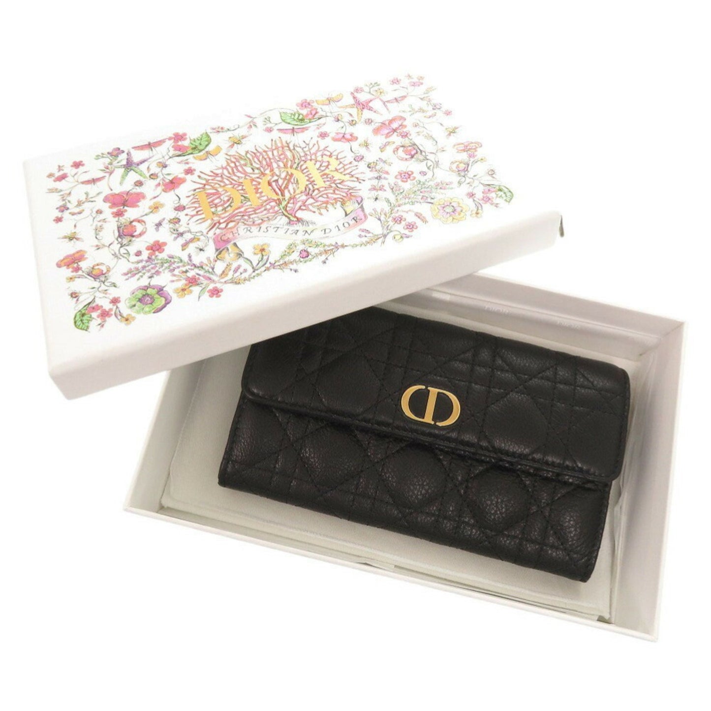 Like New Christian Dior Caro Orchid Cannage Calfskin Black Long Wallet 0068
