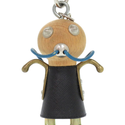 Prada Robot Leather Wood Metal Black Keychain 1707 Prada