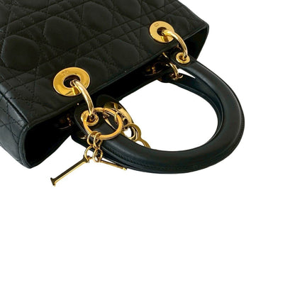 Christian Dior Lady Cannage Stitched Leather Handbag/Mini Tote Bag In Black
