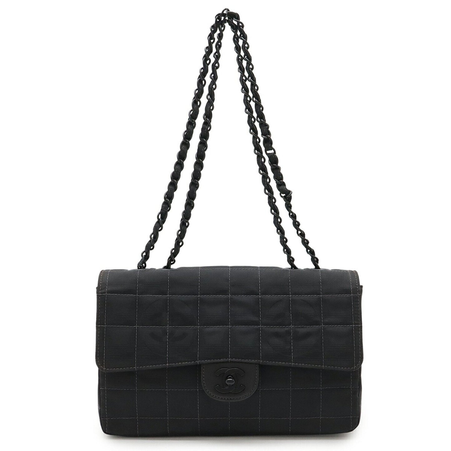 Chanel New Travel Line Chain Shoulder Bag Nylon Jacquard Leather Black A15285