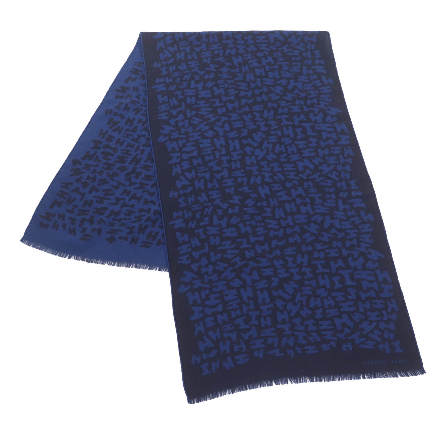 Hermes Cashmere And Silk Blend H Logo All-Over Print Mini Fringe Stole/Scarf/Shawl In Navy Black