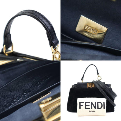 Fendi Shoulder Bag Handbag Micro Peekaboo Fur Leather Black Gold