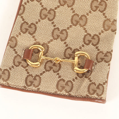 Gucci Men'S Brown Gg Monogram Lamb Leather Gloves With Gold Bits
