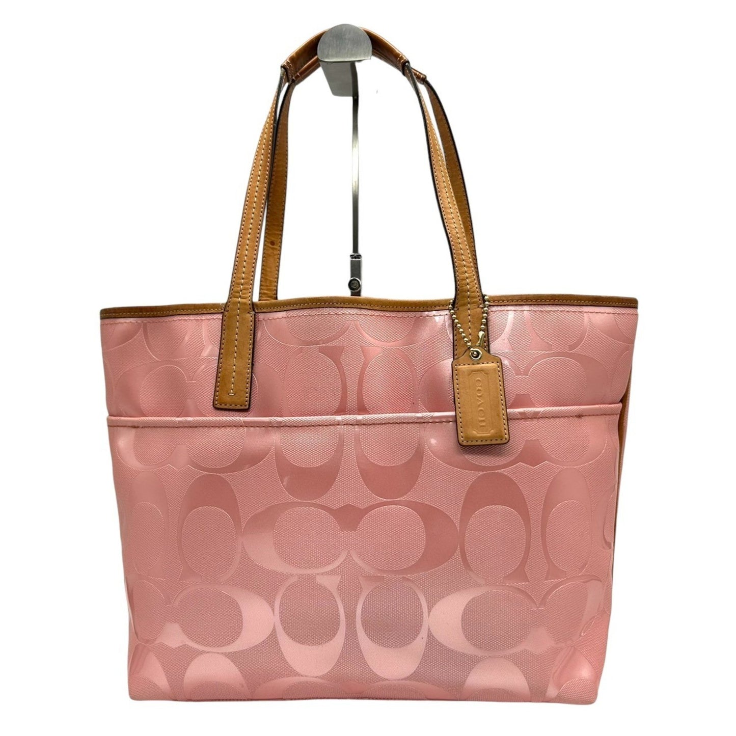 Coach Tote Bag Handbag F23621 Signature Patent Leather Pink Brown