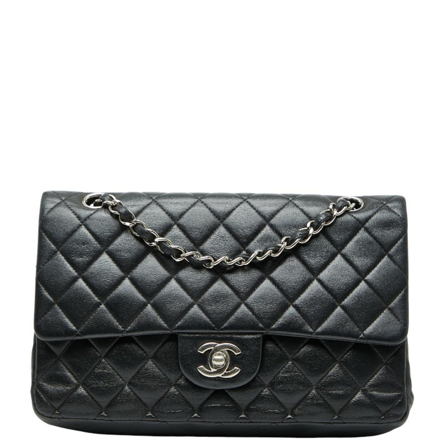 Chanel Matelasse 25 Coco Mark Double Flap Chain Shoulder Bag In Black With Silver Hardware And